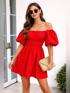 Abercrombie & Fitch Red Puff-Sleeve Off-Shoulder Dress